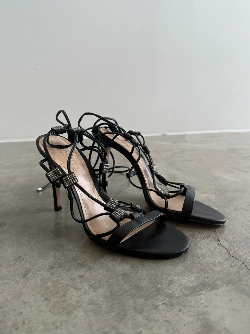 SCHUTZ Black Rhinestone Lace-Up Stiletto Sandals
